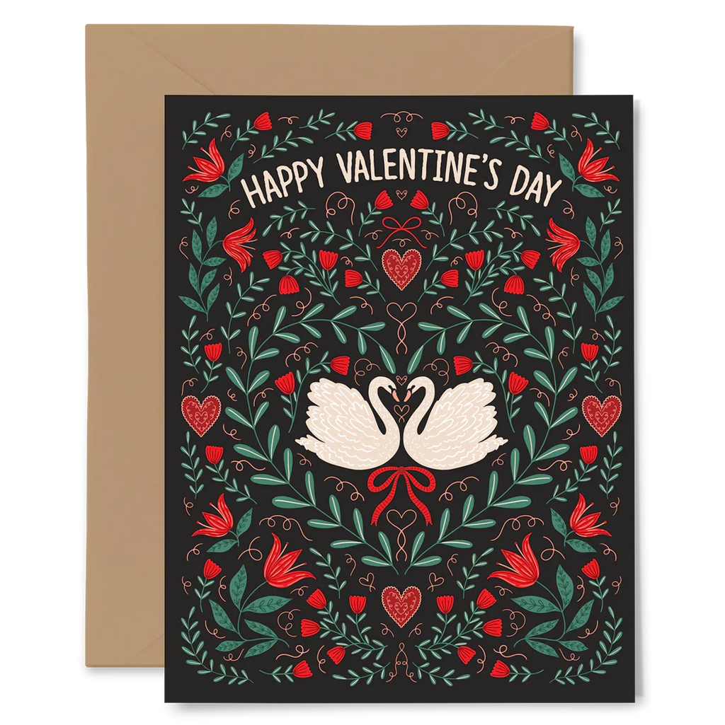 Valentine Swans Card - hand-illustrated greeting card for Valentine's Day with love-themed floral pattern and two swans, includes kraft envelope, USA printed