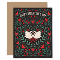 Valentine Swans Card - hand-illustrated greeting card for Valentine's Day with love-themed floral pattern and two swans, includes kraft envelope, USA printed
