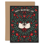 Valentine Swans Card - hand-illustrated greeting card for Valentine's Day with love-themed floral pattern and two swans, includes kraft envelope, USA printed