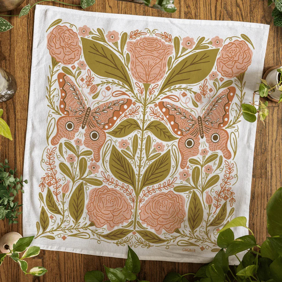 tea towel with butterfly and floral illustrations