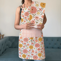 Zinnia Apron and Tea Towel Bundle - Floral apron and gingham pocket, perfect gift set for baking and kitchen decor