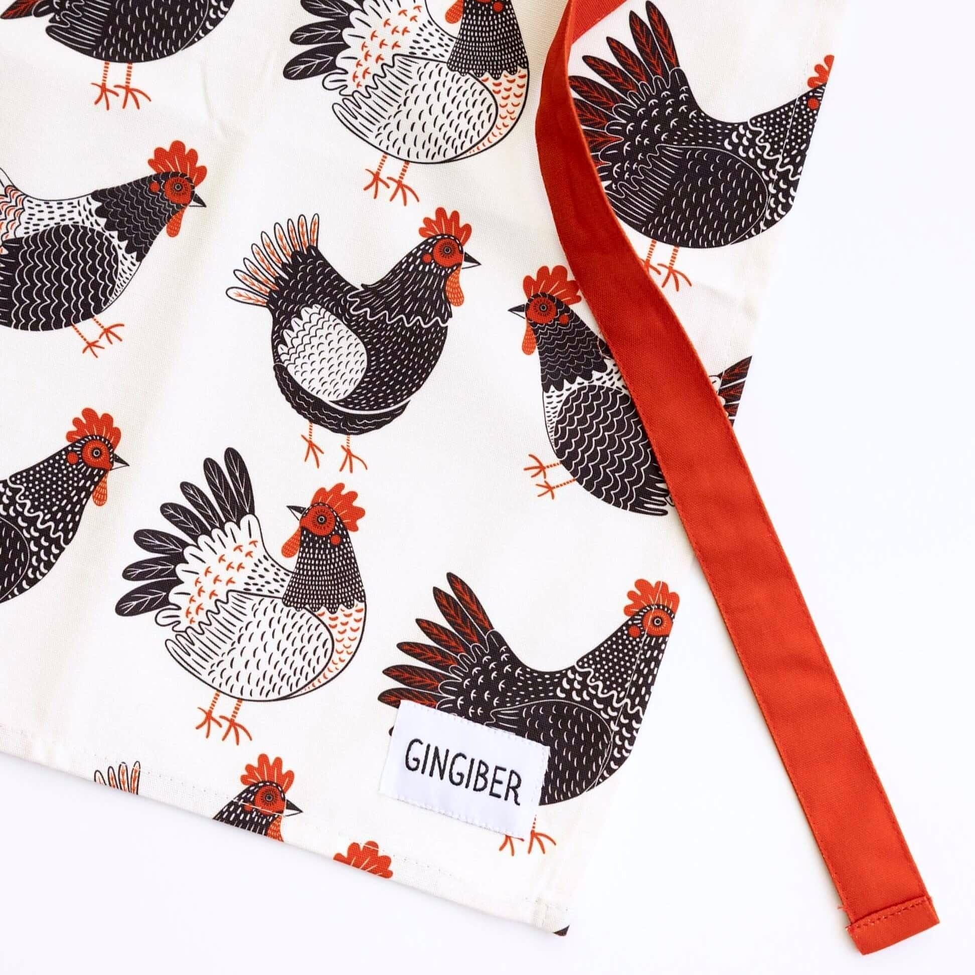 Chicken Apron—bake in style with gingiber apron featuring chicken print, adjustable neck strap, large pocket, 100% cotton canvasx