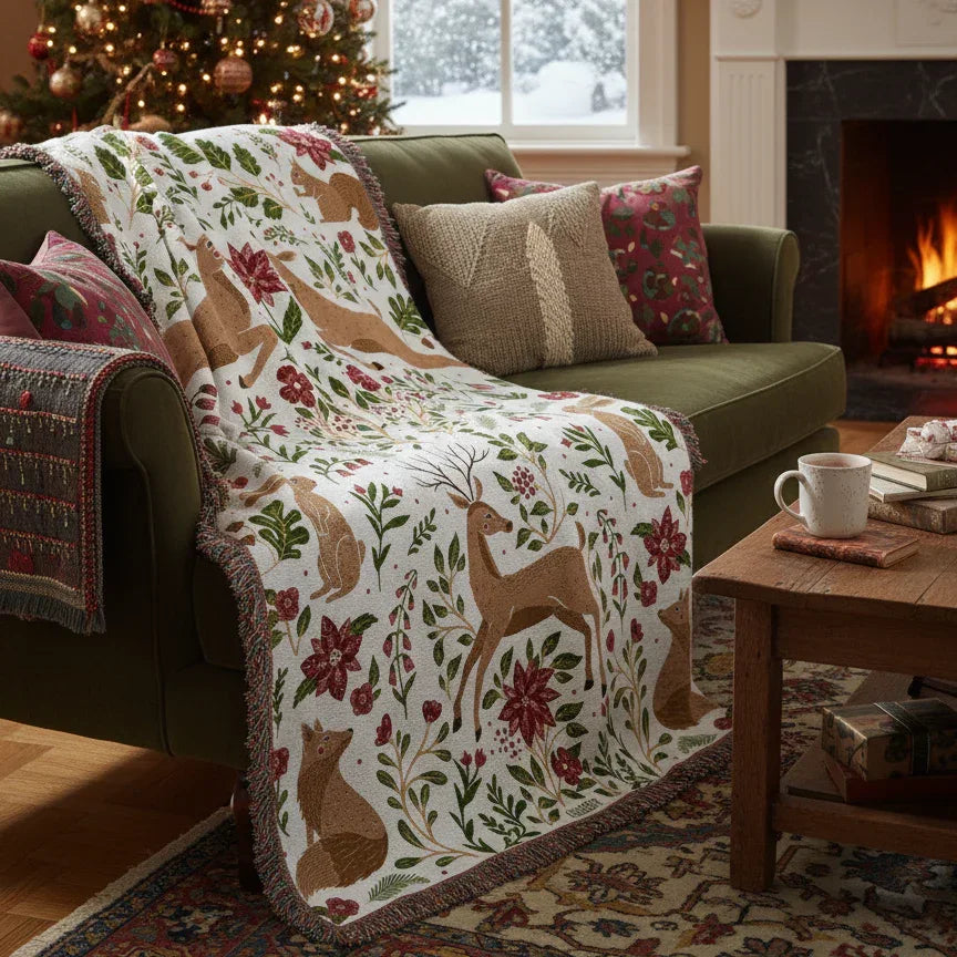 Blanket - woven throw featuring winter and forest animal illustrations on light background