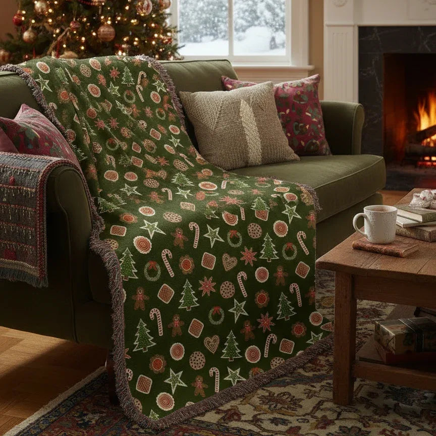 Christmas Cookies Blanket - woven throw with green background and cookie illustrations