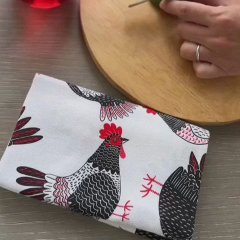 tea towel with illustrated chickens