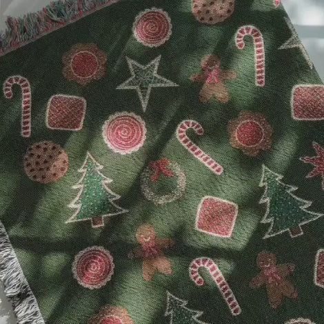 Christmas Cookies Blanket - woven throw with green background and cookie illustrations